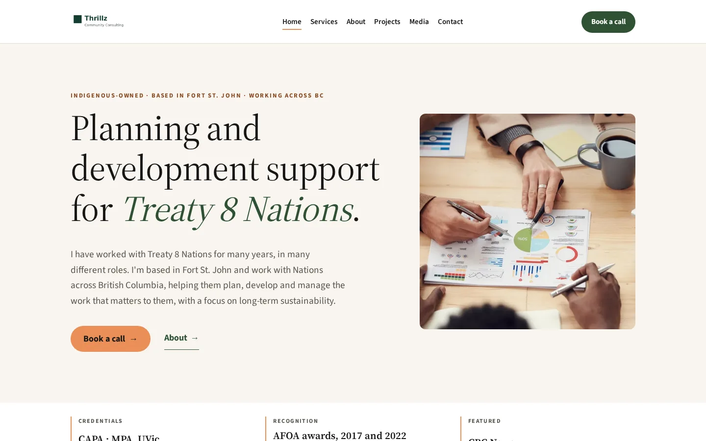 Thrillz Community Consulting demo home page on a desktop screen