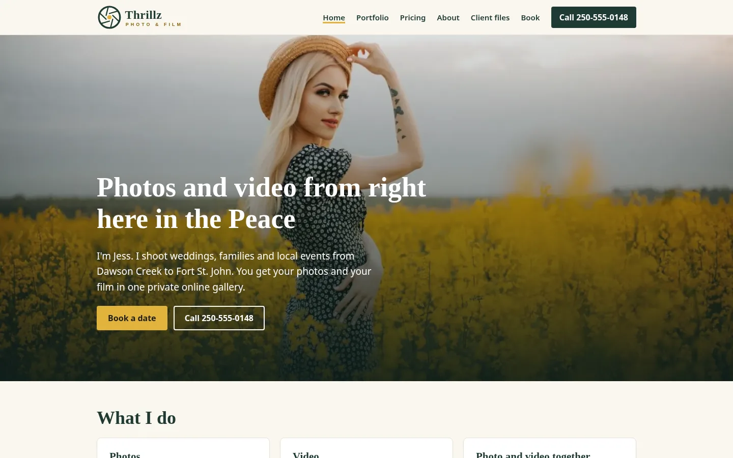 Thrillz Photo and Film demo home page on a desktop screen