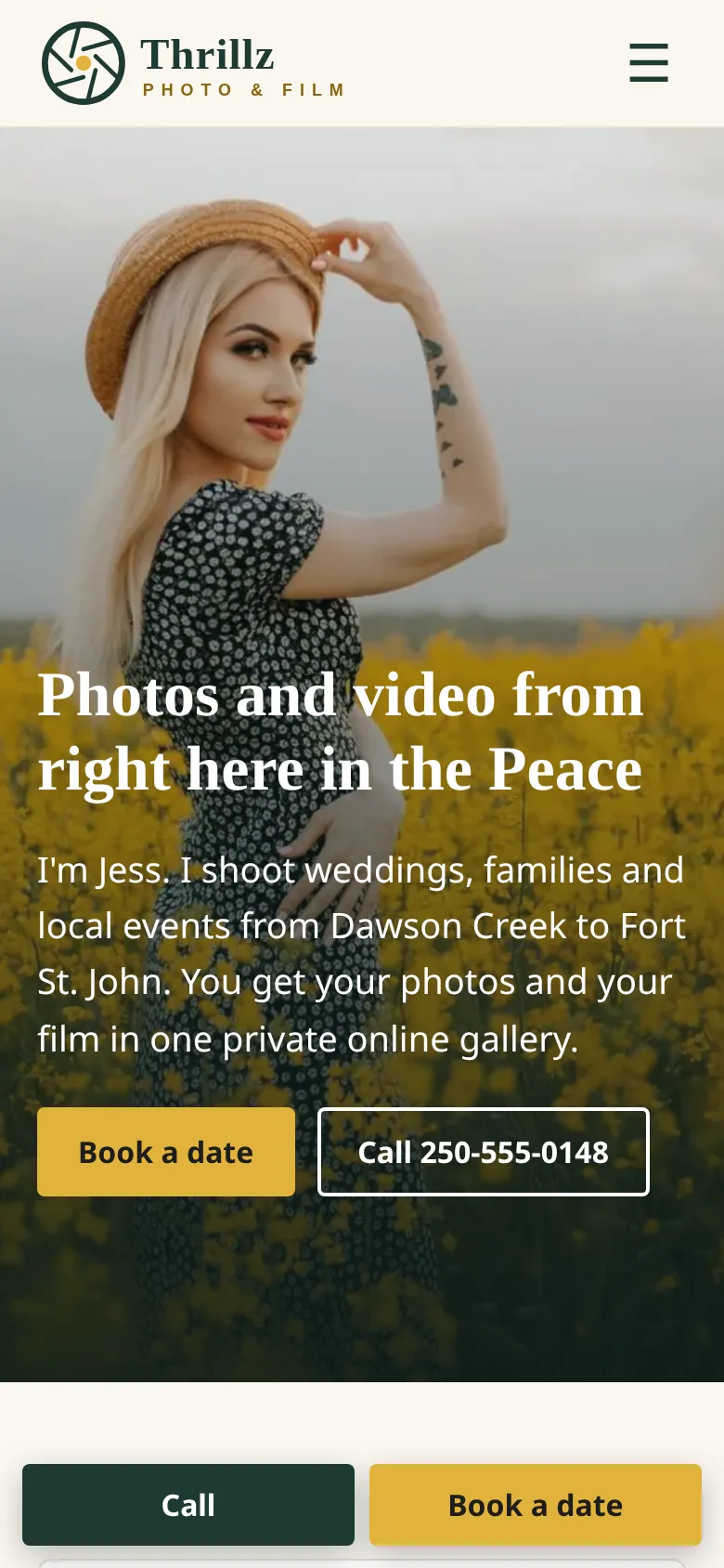 Thrillz Photo and Film home page on a phone